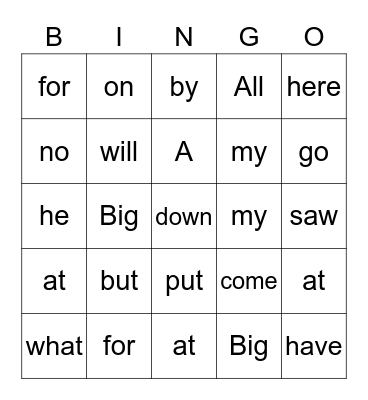 Sight Words Bingo Card