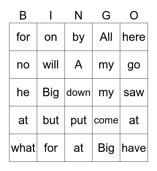 Sight Words Bingo Card