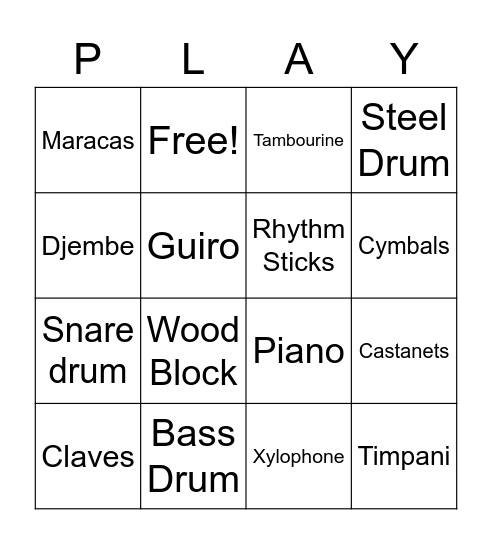 Percussion Instruments Bingo Card