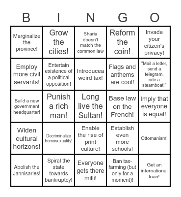 Tanzimat Bingo Card