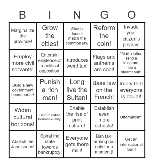 Tanzimat Bingo Card