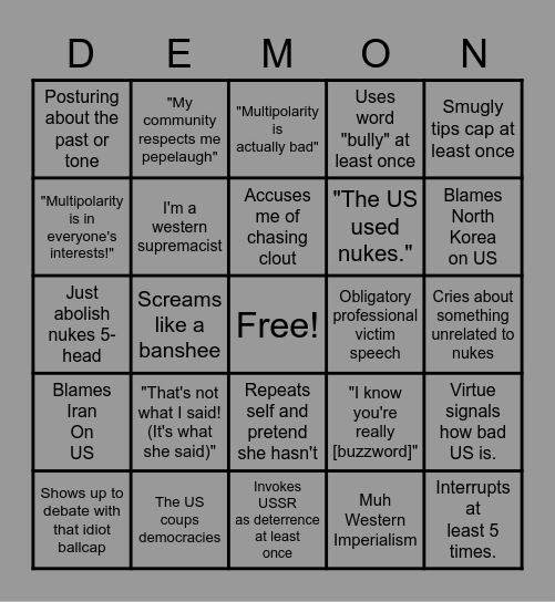 Demon Mama Bingo Card