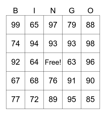 Numeros Bingo Card