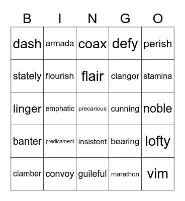 5th Grade WordMaster Challenge November 2020 Bingo Card