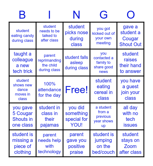 Cougars Connections Bingo Card