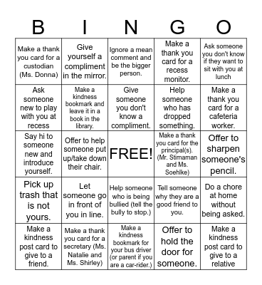 Random Acts of Kindness Bingo Card