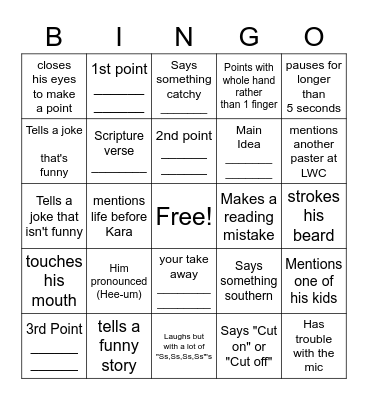Pastor Andrew's Sermon Bingo Card