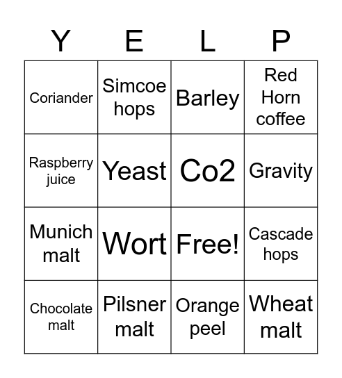 Yelp + Celis Brewery Bingo Card