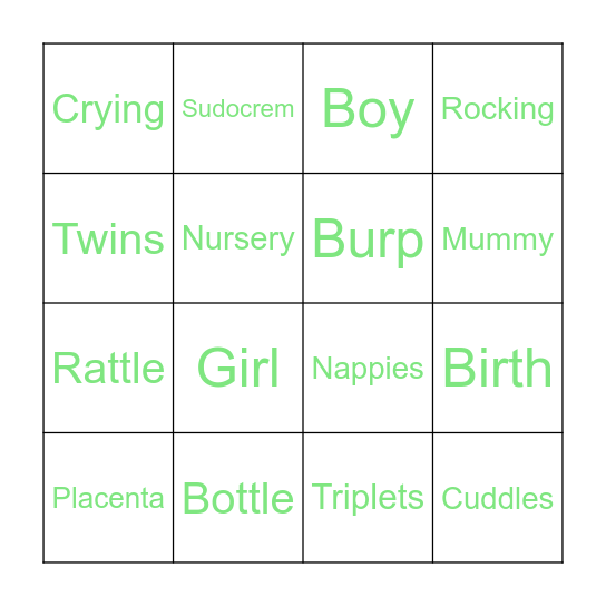 Nat's Baby Shower Bingo Card