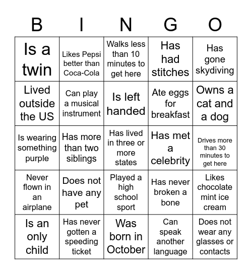 Get to Know You Bingo Card