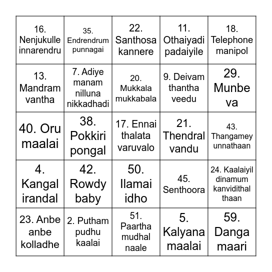 Musical Tambola Bingo Card