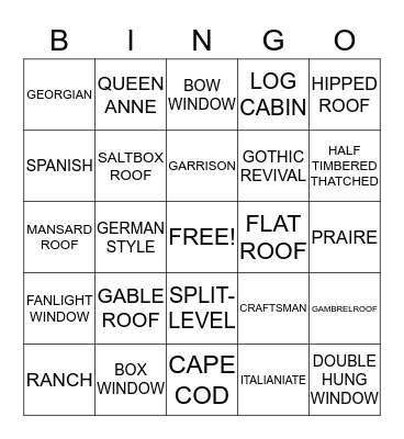Housing, Roof and Window Styles Bingo! Bingo Card