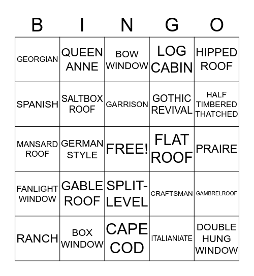 Housing, Roof and Window Styles Bingo! Bingo Card