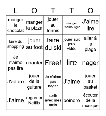 J'aime et je n'aime pas + verbs Bingo Card