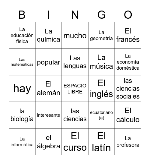 Capitulo 2 - Vocabulario Bingo Card