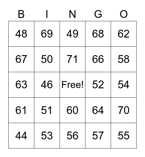 Numbers Bingo Card