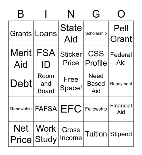 Financial Aid Glossary Bingo Card