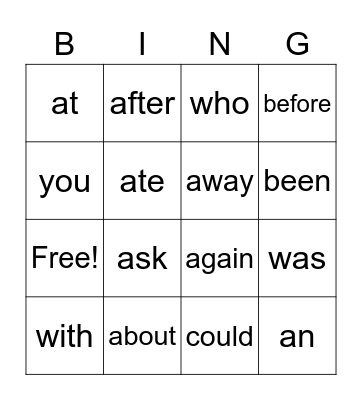 Sight Words Bingo Card