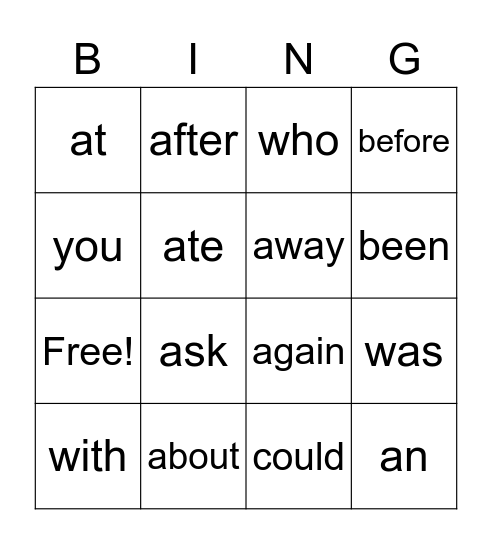 Sight Words Bingo Card