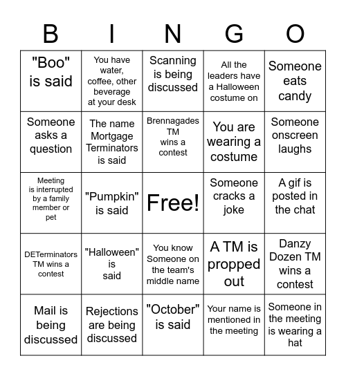 October Team Bingo Card