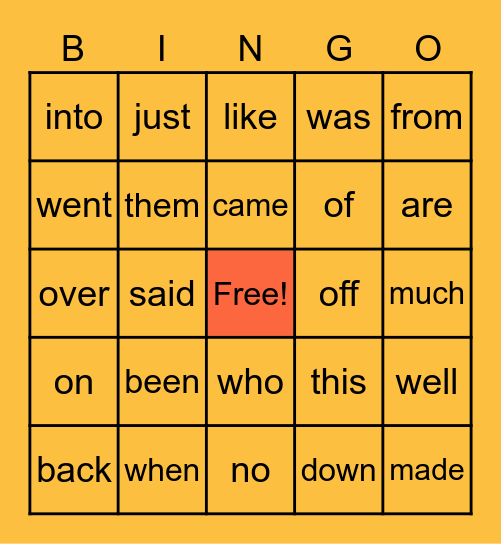 Orange Words Bingo Card