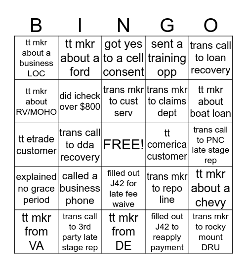 Team 5 Bingo Card