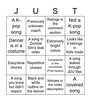Just Dance Song Reveal Bingo Card