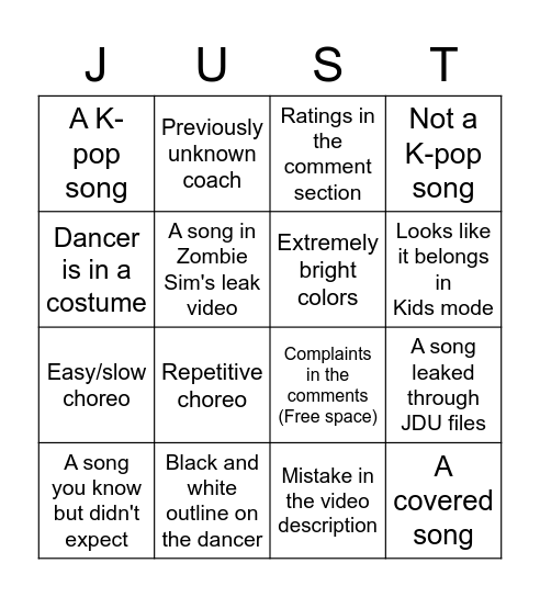 Just Dance Song Reveal Bingo Card