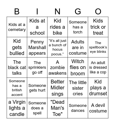 Hocus Pocus Watch Party Bingo Card