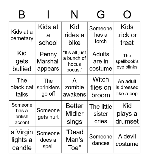 Hocus Pocus Watch Party Bingo Card