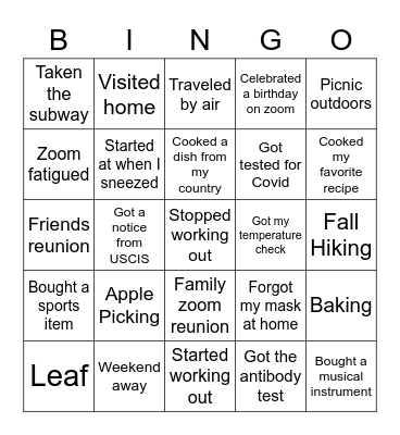 Fall International Brunch Bingo Card