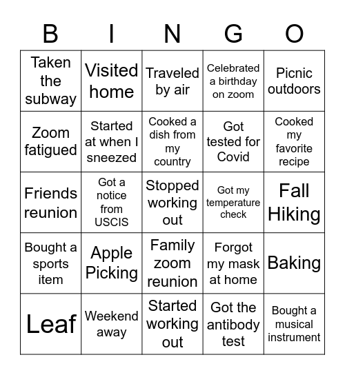 Fall International Brunch Bingo Card