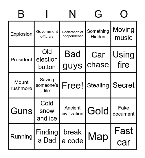 National treasure bingo Card