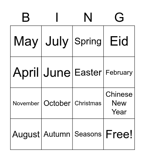 Seasons and Months Bingo Card