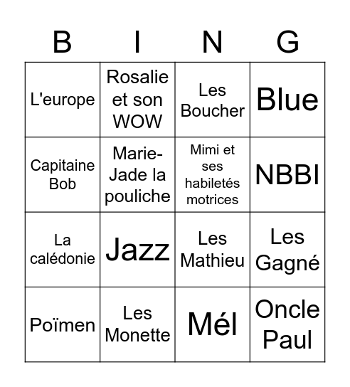 Familly night Bingo Card