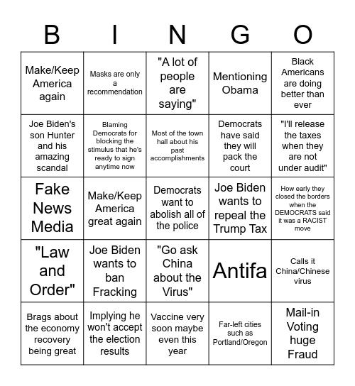 Trump Town Hall Bingo Card