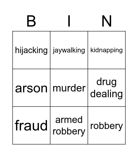 Crimes Bingo Card