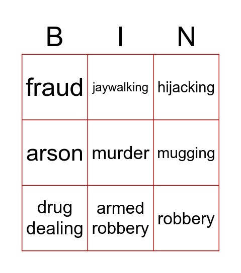 Crimes Bingo Card