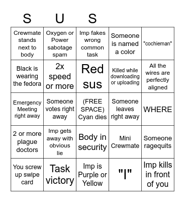 Among Us Pub Bingo Card