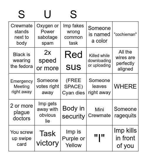 Among Us Pub Bingo Card