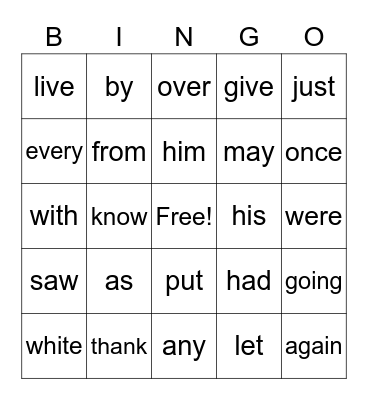 Sight Words Bingo Card