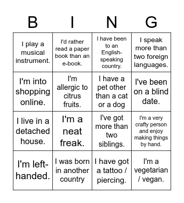 Getting to know you Bingo Card