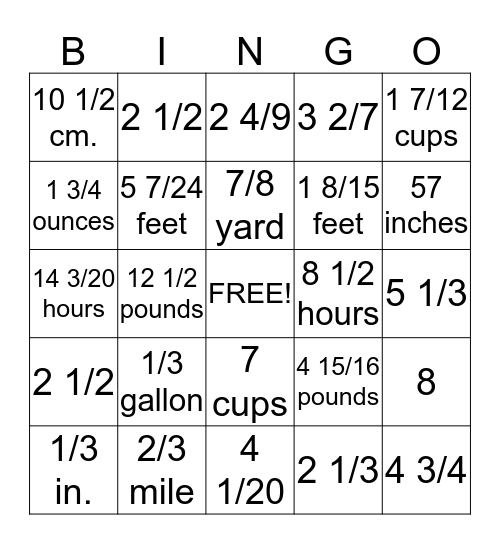 Adding & Subtracting Mixed Numbers Bingo Card