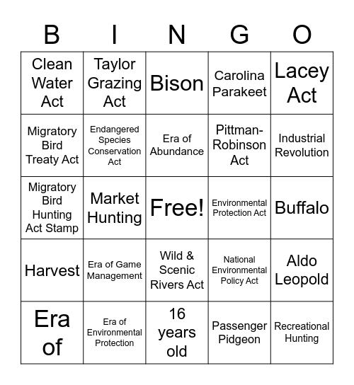 Eras & Law of Wildlife MGMT Bingo Card