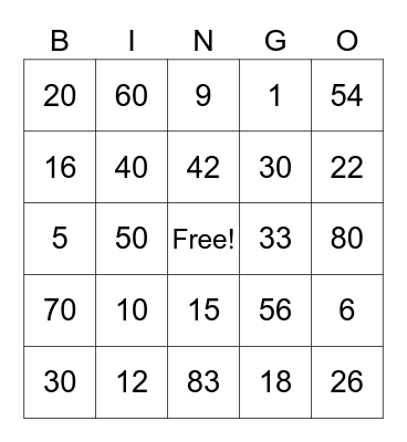 Number Bingo Card