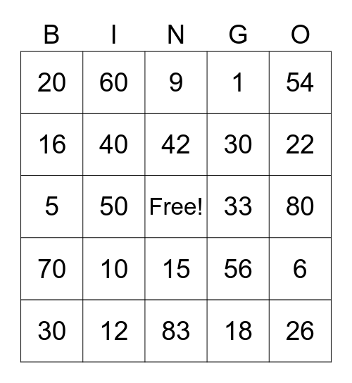 Number Bingo Card
