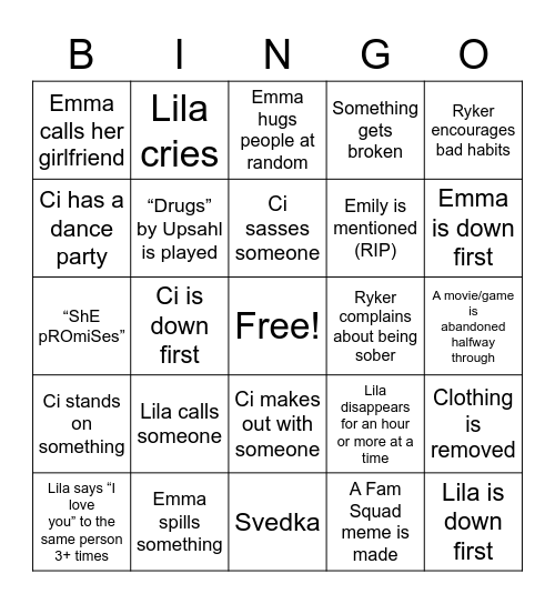 Fam Squad Drunk Bingo Card