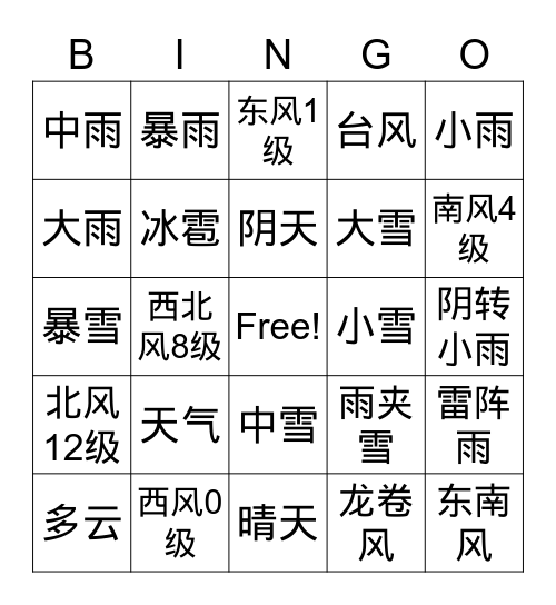 天气 - 4 Bingo Card