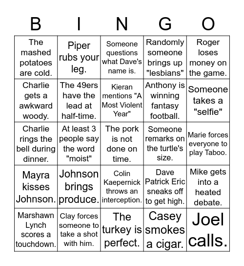 Homeless Thanksgiving Bingo Card