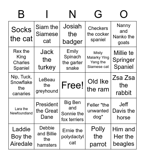 Presidential Pets Bingo Card